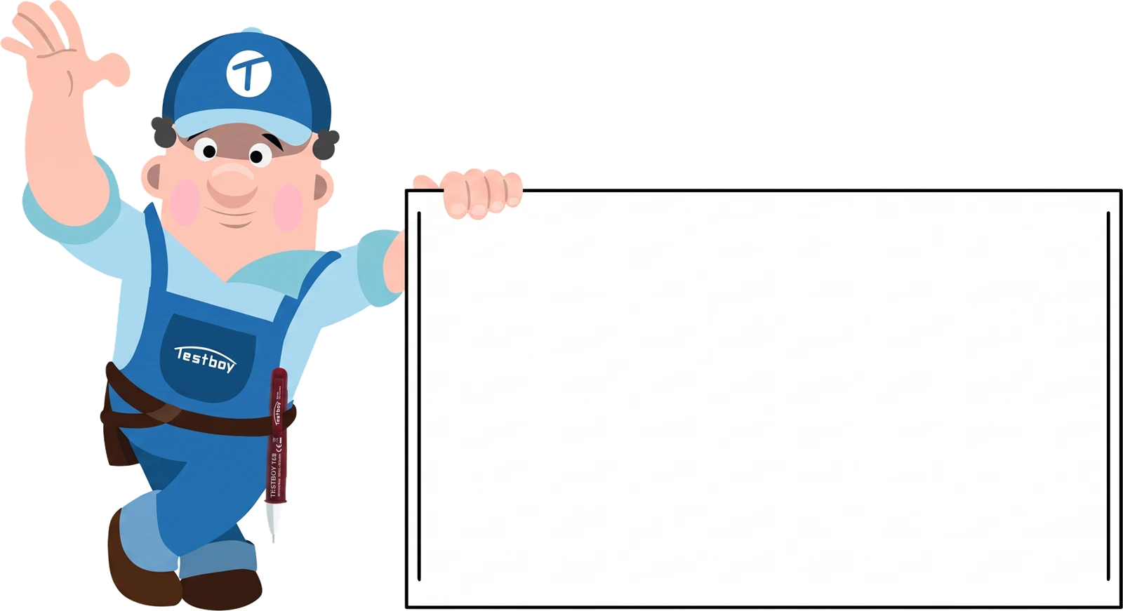 Ludwig, das Testboy-Maskottchen, hält ein Schild mit der Aufschrift &bdquo;Über 70 Jahre Erfahrung&ldquo;